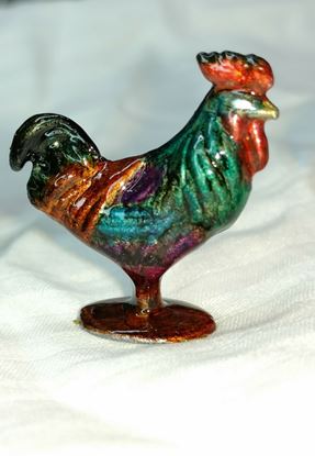 Picture of Dollhouse Miniature Old Pewter Rooster Teal/Blue Copper Base