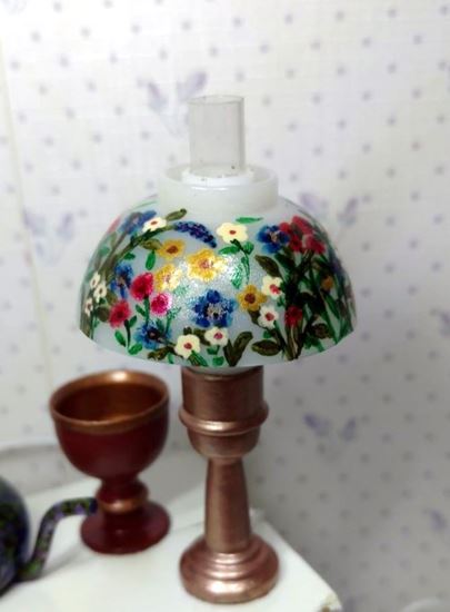 Picture of Dollhouse hand painted lamp gold and flowers. 12 volt Lamp Electric incandescent light bulb